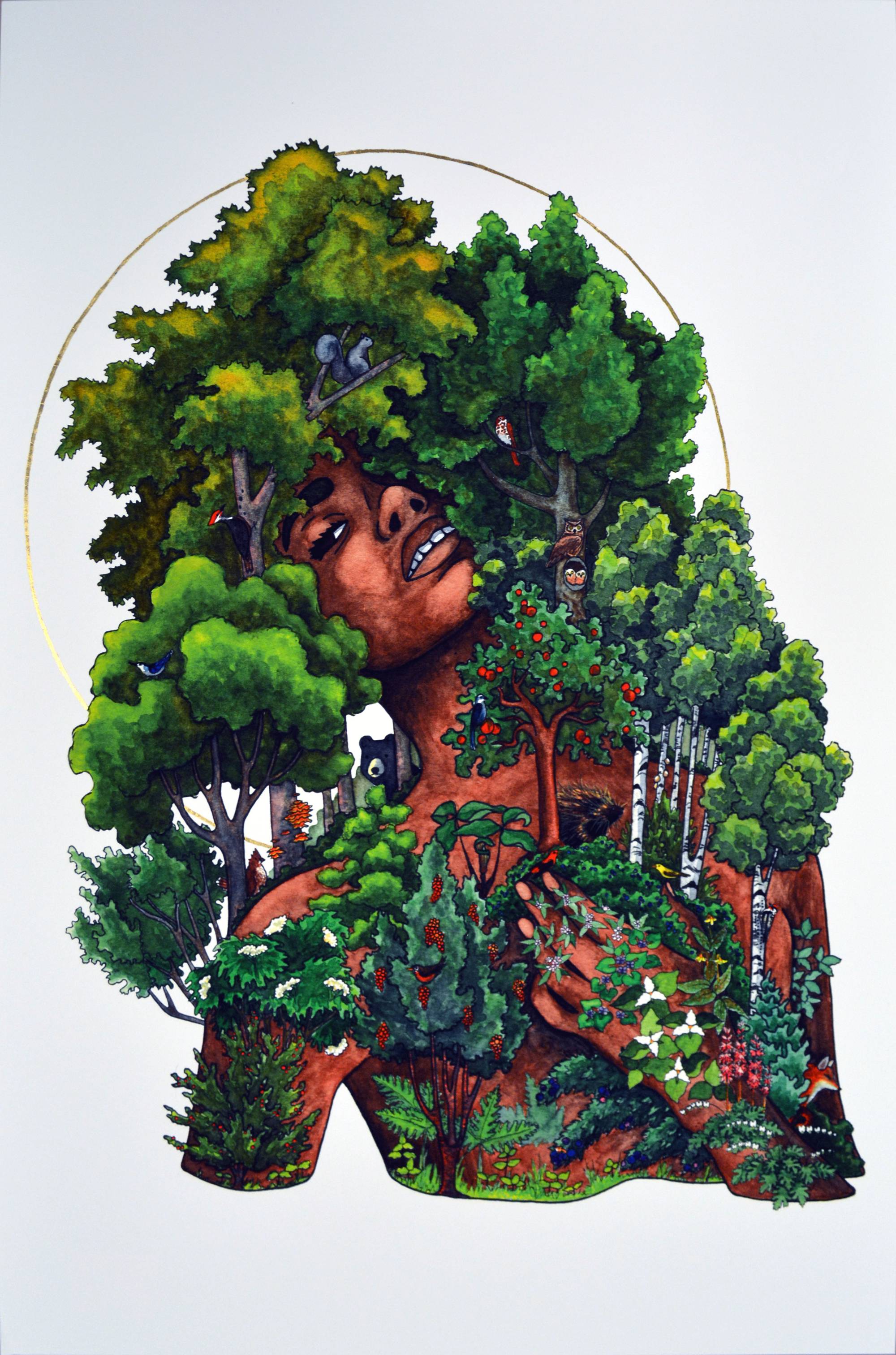 Colorful print of a woman covered in illustrated tres and plants. Her upper torso and face are barely visible.